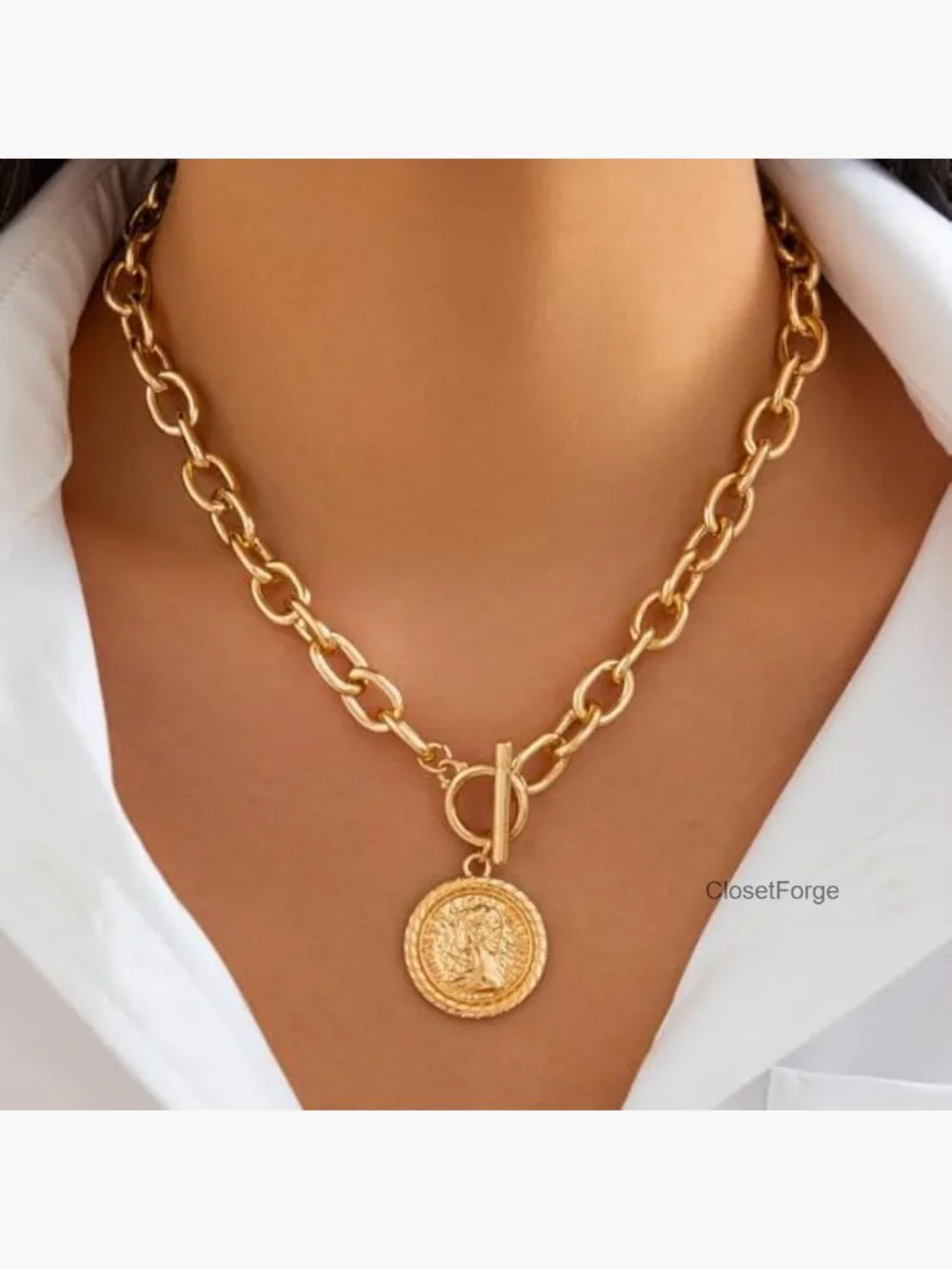 Chunky Paperclip Chain Pendant Necklace - Layered Gold OT Clasp - Picture 3 of 7